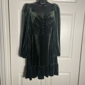 Cider Dress Women 1X Green Velour Low Cut Witchy Milkmaid Ren Fest Whimsigoth